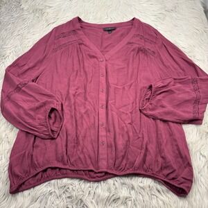 Lane Bryant Women's 26 28 Berry Red Button Front Peasant Blouse Boho Lace Inset